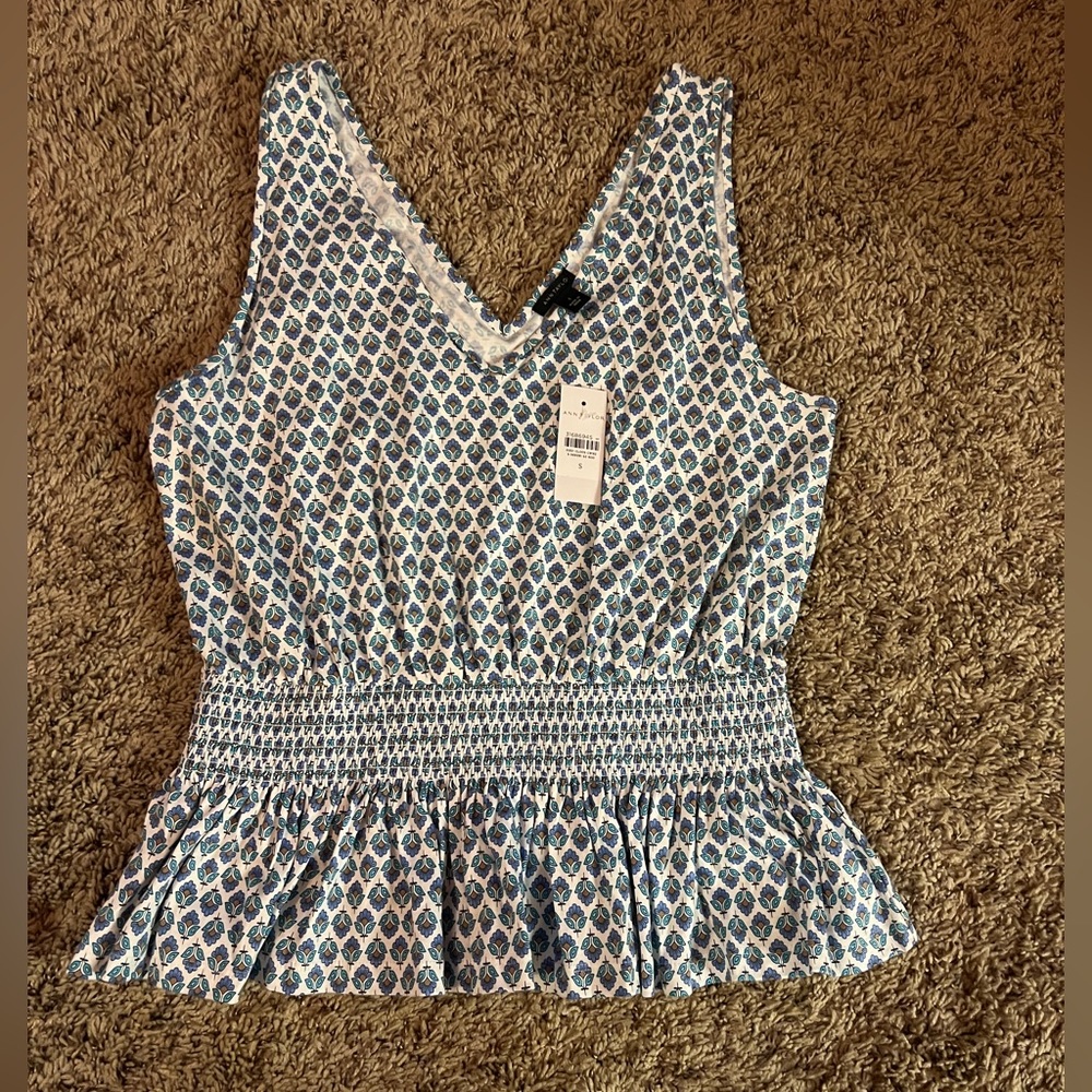 Ann Taylor Blue and White Patterned Smocked Tank